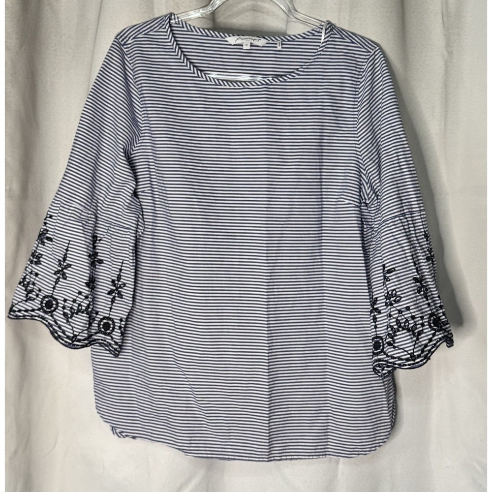 Foxcroft Blouse Top 3/4 Sleeve Blue White Stripe Sz 18 Preppy Casual Ruffle Lace